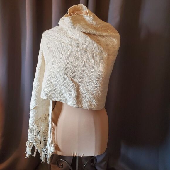 Off-White Cream Weave Shawl Scarf Wrap with Fringe - Picture 2 of 16